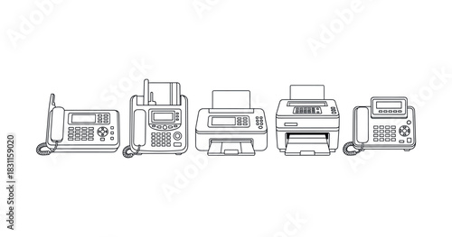 Black and white line art of office fax machines and printers