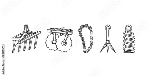 Illustration of various farm equipment and tools for agriculture