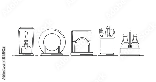 Minimalistic line art of kitchenware and tableware essentials