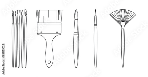 Assorted art brushes illustration: detailed line art of various paintbrush types