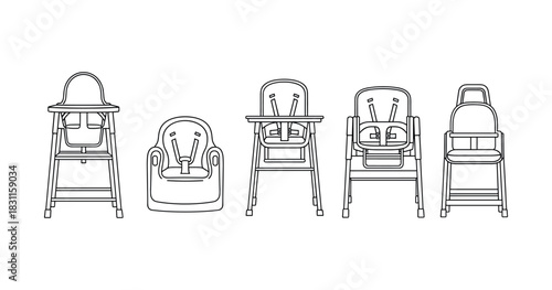 Line art array of modern baby high chair designs in various styles