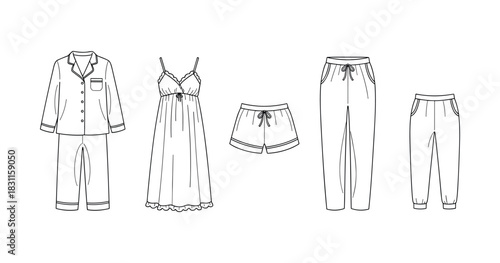Set of women's sleepwear outlines with pajamas, nightgown, shorts, and pants