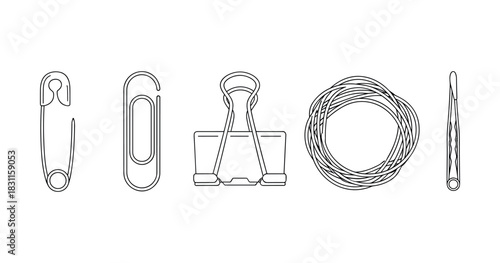 Minimalist line art of office and sewing supplies: safety pin, paperclip, binder clip, twine, bobby pin