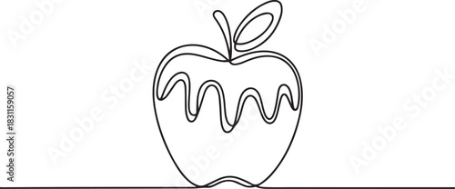 A single line drawing of a chocolate covered apple. Continuous line a piece apple icon. One line icon. one line Icon drawing