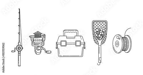 Fishing gear line art: rod, reel, tackle box, net, line spool