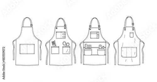 Black and white apron designs with pockets and tools