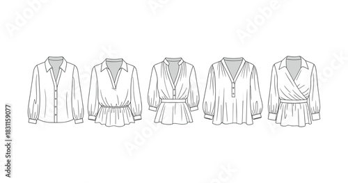 Collection of five women's blouses with unique collar and sleeve designs