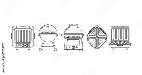 Five black and white line drawing grills and sandwich makers for outdoor cooking