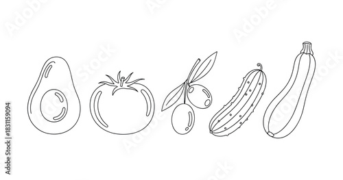 Line art of fresh vegetables and fruits: avocado, tomato, olive, cucumber, zucchini