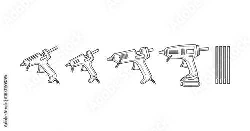 Variety of glue guns with sticks and detailed illustrations