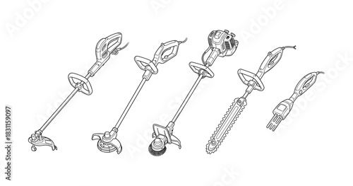 Vector line art of garden trimmers and saws in various designs