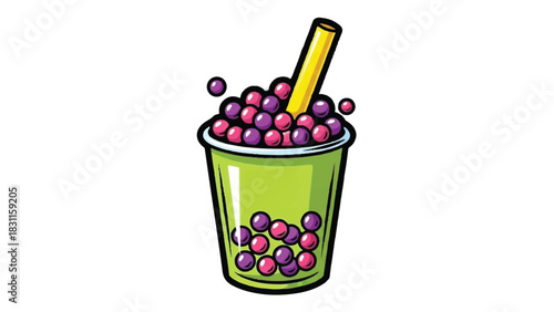 Green cup filled with purple boba pearls and a yellow straw.