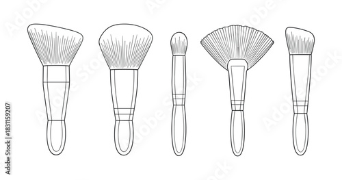Set of five unique makeup brushes in black and white illustration