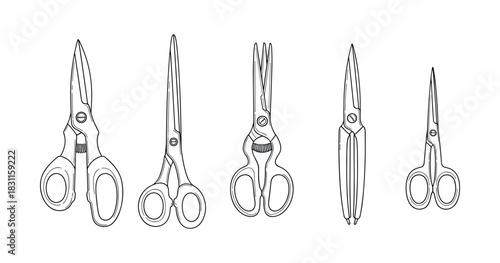 Variety of scissors black and white line art illustration