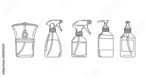 Line art set of various spray and pump bottles for cleaning and dispensing