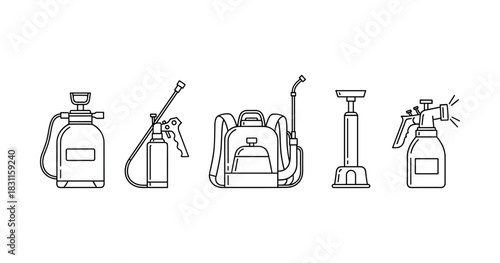 Line art of various garden sprayers and equipment