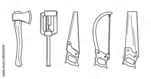 Axe, hammer, hacksaw, and hand saw line art of tools on white background
