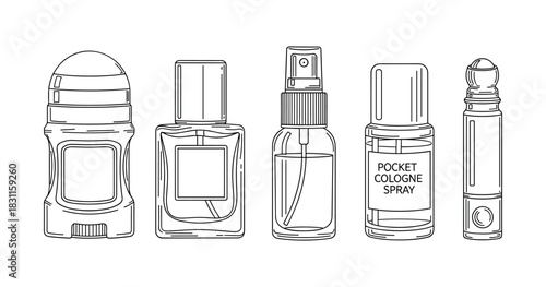 Various cologne bottles in black and white line art