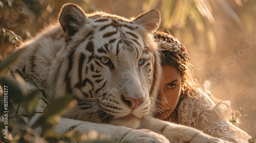 Woman and white tiger portrait in a dreamy, golden-lit forest setting