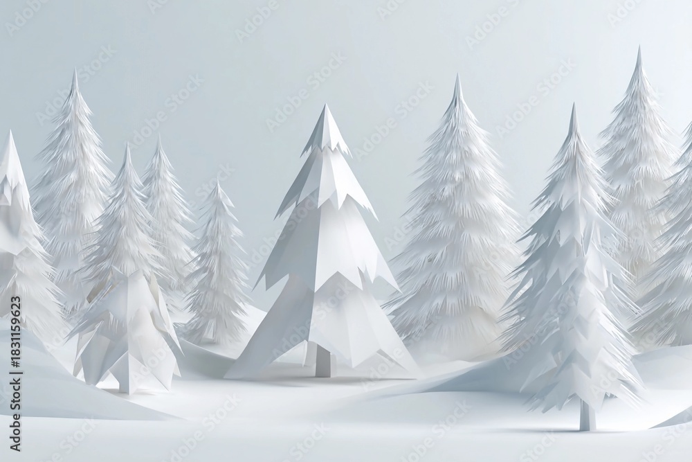 Obraz premium Snowy winter landscape featuring paper-like trees in a serene, minimalist forest setting