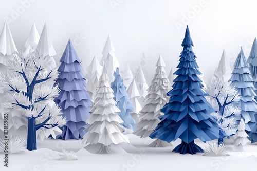 Paper forest scene with various trees in shades of blue and white creating a winter landscape ambiance