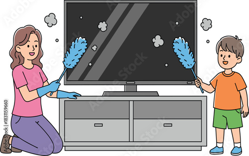 Mother and Son Team Happily Dusting a Television Screen Together, Representing Family Chores and Household Teamwork.