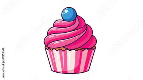A delicious pink cupcake with blue topping and striped wrapper.