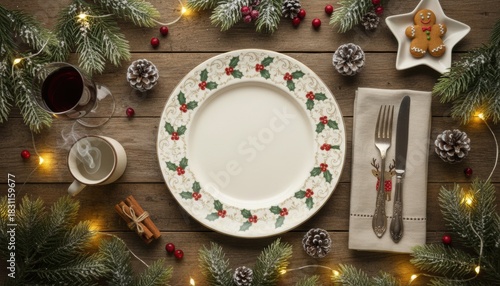 A decorated Christmas dinner table with holly plates warm drinks and cookies representing festive winter holiday traditions