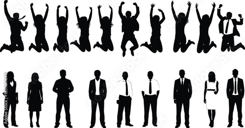 Business people silhouettes, jumping celebration poses, professional teamwork success, corporate lifestyle diversity, office career growth, motivation, achievement