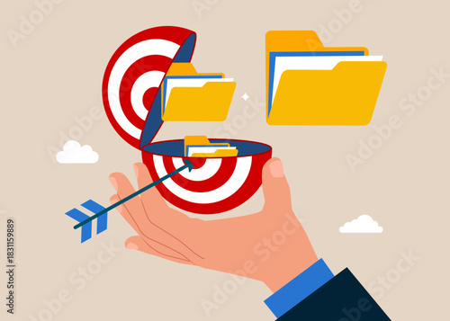 Target and dart with files folder beside half of a target open board. Concentrate on purpose. Paperwork concept, file management, organize document files into archive folders. Vector flat illustration