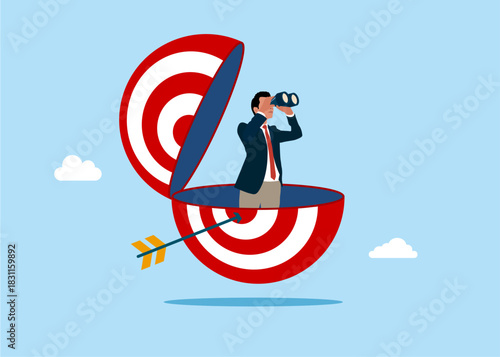Entrepreneur open target board using looking for future vision.   Target and dart. Concentrate on purpose. Vector flat illustration