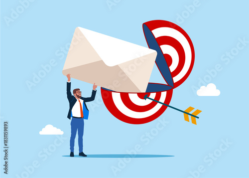Businessman takes out an envelope with a notification from an open target board. Target and dart. Concentrate on purpose. Vector flat illustration. Flat vector illustration