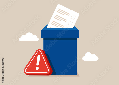 Prohibition on voting. Election box with exclamation attention sign. Seizure of paper ballots to election box. Voter bribery, dictatorship concept. Flat vector illustration