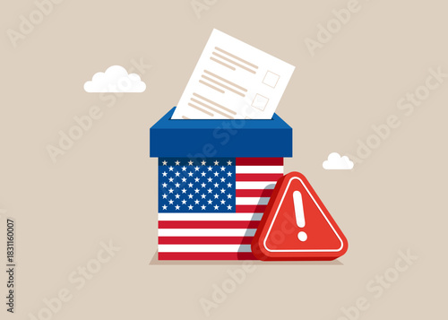 Election box with exclamation attention sign. Prohibition on voting in USA. Seizure of paper ballots to election box. Voter bribery, dictatorship concept. Flat vector illustration