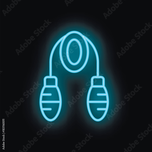 Blue neon sign showing a skipping rope for fitness activity on a black background