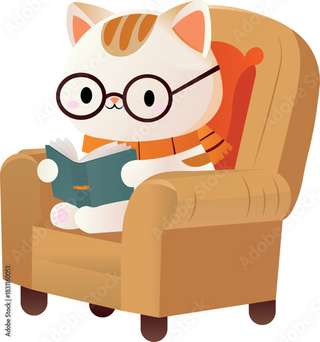 A cat with glasses on a bed is reading an interesting book