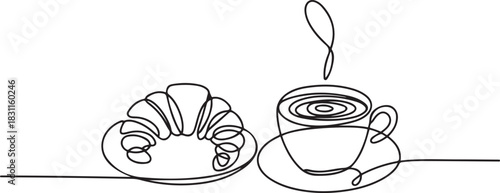 breakfast with croissant and coffee drawn in one line style, One continuous line drawing, Bakery symbol art drawing. one line Icon drawing