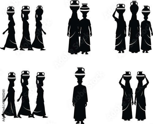 Set of Traditional Black Silhouettes of African or Indian Women Carrying Water Pots on Their Heads, Representing Daily Life, Culture, Labor, and Tradition Vector