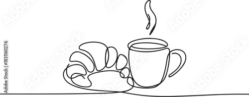 breakfast with croissant and coffee drawn in one line style, One continuous line drawing, Bakery symbol art drawing. one line Icon drawing