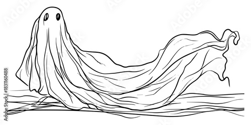 Spooky Floating Ghost Sheet in Wind – Minimal Monochrome Line Art Vector for Halloween and Horror Designs