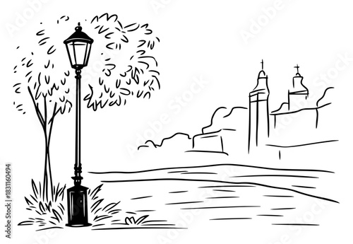 Vintage City Park Scene with Lamp Post, Leafy Tree and Riverside View – Elegant Line Art Vector Illustration