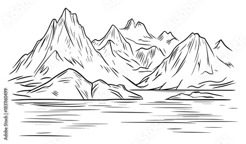 Serene Alpine Lake and Rocky Peaks Panorama – Detailed Monochrome Line Art Vector Mountain Landscape Scene