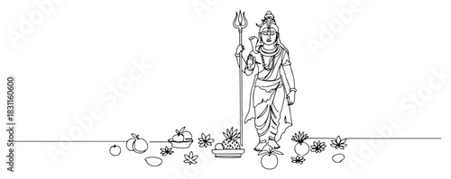 Lord Shiva Standing with Trident Surrounded by Offerings – Minimalist One‑Line Vector Hindu Deity Illustration