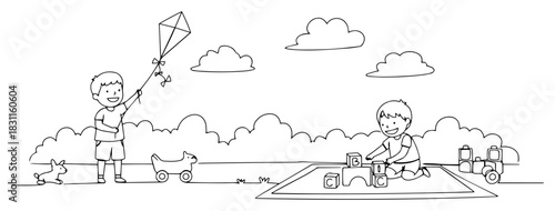 Children Playing Outdoors – Boy Flying Kite and Toddler Building Sandcastle in Sandbox, Minimal Line Art Vector Illustration