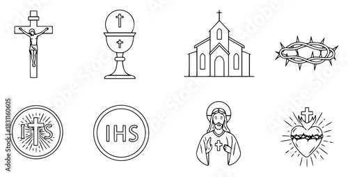 Set of Catholic Symbols: Crucifix, Chalice, Church, Crown of Thorns, IHS and Sacred Heart – Minimal Line Art Vector Icons Pack