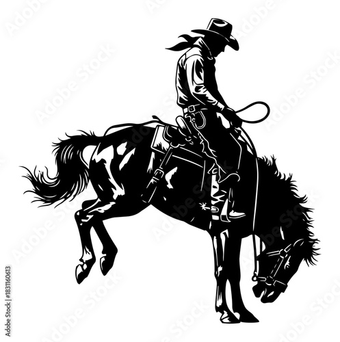 Cowboy Riding Bucking Bronco in Rodeo Action – Dynamic Monochrome Line Art Vector Western Illustration