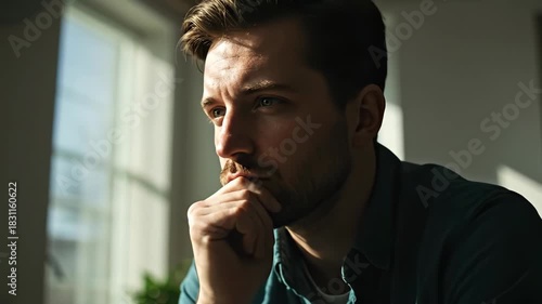 Thoughtful young man reflecting while sitting at home in daylight  