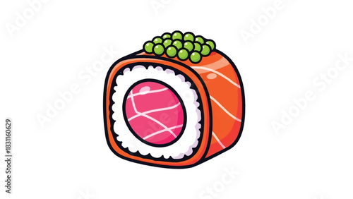 Delicious Salmon Tuna Sushi Roll with Green Caviar Topping.