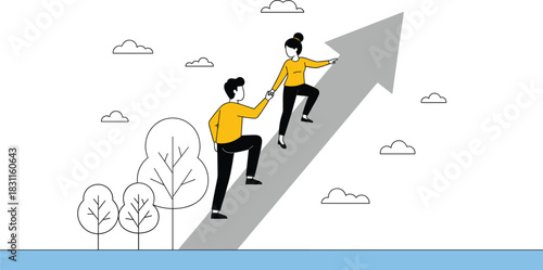 Flat line art vector illustration of career development and financial progress, where colleagues ascend a steep path together, symbolizing partnership and achieving higher goals in business.