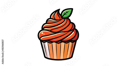 Delicious orange cupcake with swirl frosting and a green leaf on top.